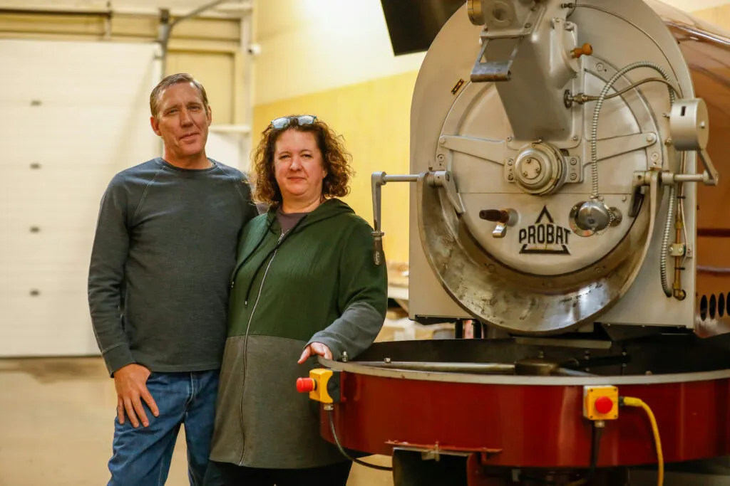Laura Salinger-Johnson and Mike Johnson today at their roastery in Madison.