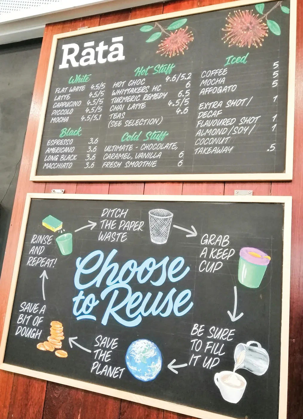 The Choose to Reuse sign and menu at Rātā Café in Wellington, New Zealand.