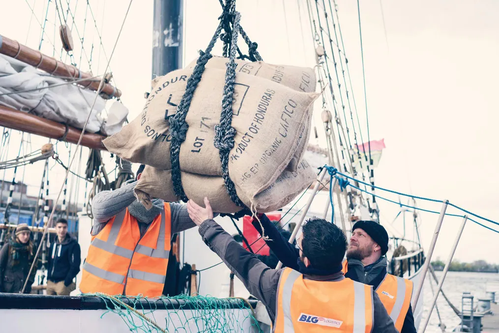 Hoisting coffee from Honduras.